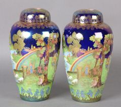 A PAIR OF MODERN WEDGWOOD FAIRYLAND LUSTRE VASE AND COVERS, no's 4 and 6 in an edition of 100,