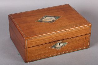 A 19TH CENTURY MAHOGANY WORK BOX the lid inlaid with a cartouche of abalone and mother of pearl