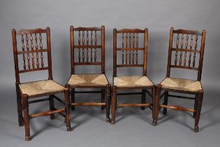 A SET OF FOUR 19TH CENTURY RUSH SEATED DINING CHAIRS with two rows of spindles to the back, on