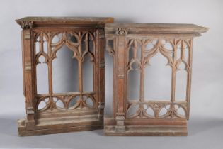 ARCHITECTURAL SALVAGE: TWO VICTORIAN BLEACHED OAK FONT PANELS having a central arch with gothic