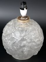 A FRENCH ART DECO ORB OPAQUE GLASS LAMP by Espiavet, heavily moulded with grapevine, 18cm high