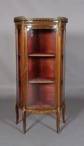 A FRENCH WALNUT AND GILT METAL MOUNTED VITRENE, having a marble inset top and pierced gallery,