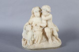 A VICTORIAN ALABASTER FIGURE GROUP OF A YOUNG BOY AND GIRL, the girl in a tunic holding a wreath