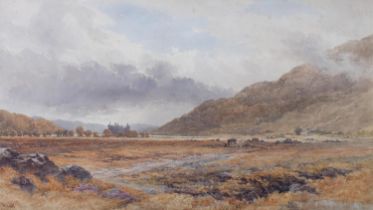 D LAW (1831-1901), Landscape with peat gatherers, castle beyond, watercolour, signed and dated (18)