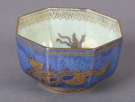 A WEDGWOOD MAUVE LUSTRE OCTAGONAL BOWL, z4829, printed with dragons, gilt Portland vase mark and