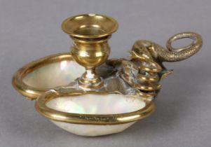 A VICTORIAN BRASS AND TWIN MOTHER OF PEARL BOWL CHAMBERSTICK, the handles as a lizard catching a
