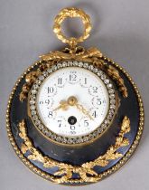 A 19TH CENTURY STYLE HANGING CLOCK having a drum movement, with applied gilt foliage and ribbons,