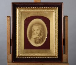 A 19TH CENTURY PLASTER AND GILT FRAME WITHIN A VELVET LINED AND ROSEWOOD OUTER FRAME, (containing