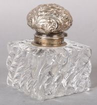A LATE 19TH CENTURY AMERICAN STERLING SILVER MOUNTED GLASS INKWELL, of square writhen panel outline,