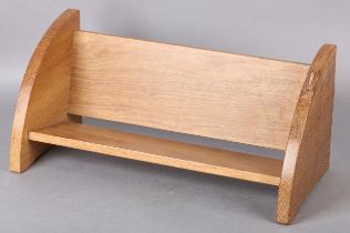 A THOMPSON OF KILBURN 'MOUSEMAN' OAK BOOK TROUGH, carved in relief with a mouse, 45cm wide x 20.