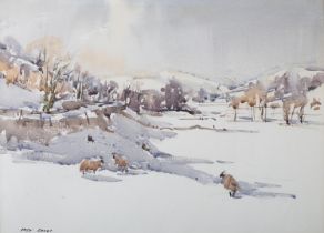 ARR ANGUS RANDS (1922-1985) Snow in Wharfedale, winter landscape with sheep, watercolour, signed