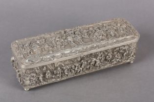 AN EARLY 20TH CENTURY CONTINENTAL SILVER PLATED CASKET, rectangular, the cover embossed with