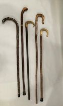 Five various walking sticks, two with horn handles, another with shepherd's crook handle, a silver