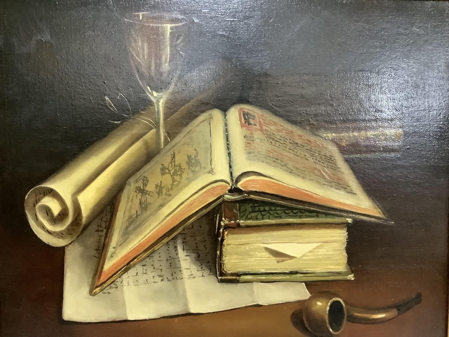 Still life of books, a pipe, a scroll and glass at night, oil on canvas, signed Ochoa to the - Image 2 of 3
