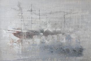 ARR Gerald Parkinson (b.1926), River Mist II 1959, yachts at anchor, oil on canvas, signed and dated