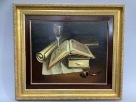 Still life of books, a pipe, a scroll and glass at night, oil on canvas, signed Ochoa to the