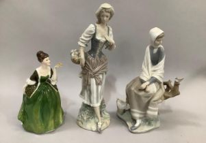 Lladro figure Girl with Basket, Girl Sitting Watching Bird on Branch and a Royal Doulton Fleur