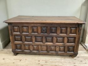 A large continental fruitwood coffer with square panelling, iron bound on square legs