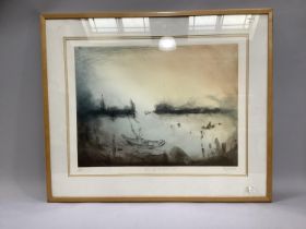 M J Wells, Evening Harbour II, coloured etching, signed and numbered 123/200 and titled in pencil to