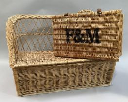 A child's wicker seat with box base, 80cm wide together with a Fortnum and Mason wicker picnic