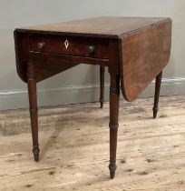 A 19th century mahogany Pembroke table having rectangular drop leaves with rounded corners, drawer