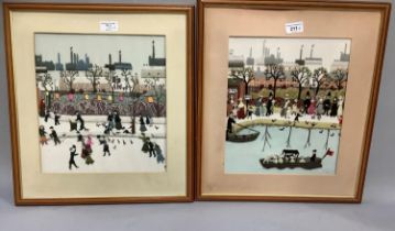 A pair of needlework panels, figures ice skating and boating after Helen Bradley's Miss Carter