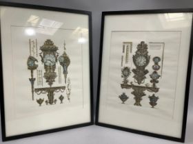 After Piranesi, a pair of Italian colour prints of elaborate clocks, blind stamp to margin, 73cm x