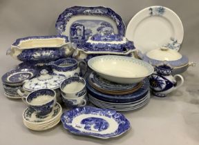 A quantity of blue and white china including two Masons Ironstsone tureens and stands, Copeland