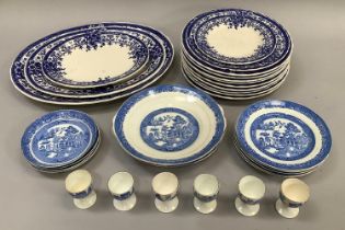 19th century blue and white and gilt china comprising two cake plates, five tea plates, four