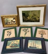 A pair of shipping prints in blue frames, a set of three botanical prints in green frames, a print