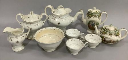 An early Victorian tea service in white and gilt comprising a teapot with moulded spout, twin