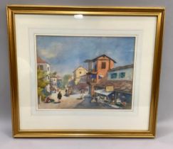 Indian village street scene with food vendors and figures, watercolour, unsigned, 26.5cm x 34.5cm