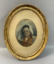 A mid 19th century watercolour study, head and shoulders portrait of a lady with lace cap,