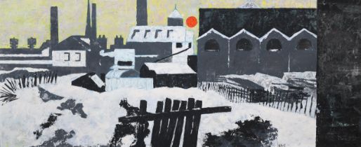 ARR S* K* Ball (20th century), snow covered industrial landscape, oil on board, signed to lower