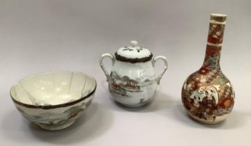 Three pieces of Japanese porcelain comprising a Satsuma style bottle neck vase enamelled with scenes