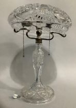 A cut glass table lamp, metal mounted with mushroom shade, 45cm high