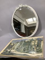 An oval white framed wall mirror with leaf cresting together with a vintage colour print of Robin