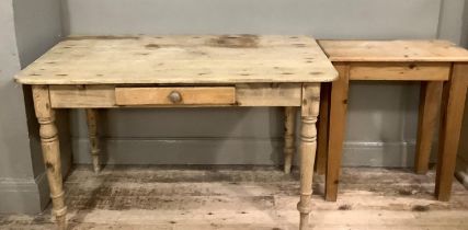 A Victorian pine kitchen side table with drawer on turned legs, 126cm wide together with a pine side