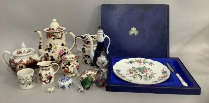 Masons Mandalay coffee pot, lidded sugar bowl and jugs in two sizes together with an Aynsley china