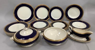 A collection of cobalt blue and gilt Grafton china dinner ware comprising six plates, six medium