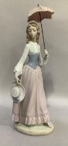 A large Lladro figure of girl with parasol and a straw hat, 41cm high