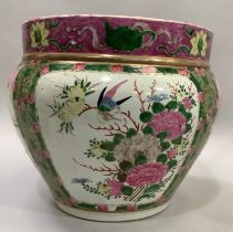 Early 20th century Chinese famille rose jardiniere or fish bowl, the body having panels figures in a