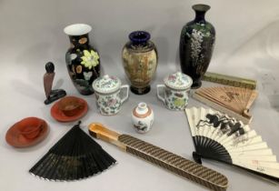 Oriental vase, two lidded mugs, fans, a pair of cups and saucers, a mosaic fan box, etc.