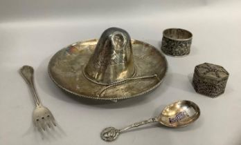 A collection of early to mid 20th century Asian, continental and Mexican silver including a Sombrero