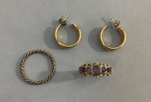 A pair of hoop earrings in 9ct gold together with a 9ct rose gold amethyst five stone ring and a 9ct