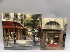 Two colour prints, Parisian Café scenes and Antoinette restaurant, laid on to canvas frames, 49cm