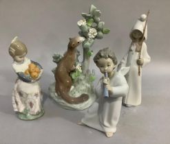 Four Lladro figures, a weasel beside a blossom tree, a Spanish girl with oranges, girl with basket