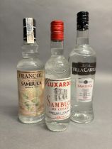SAMBUCA LIQUEUR, 3 bottles, Luxardo, 1 50cl bottle xxx%, Francoli -1 70cl bottle xxx%, Villa