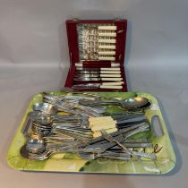 A case of six EPNS and ivorine fish knives and forks together with part sets of silver plated