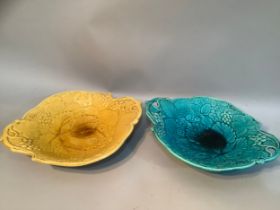 Two Burmantofts Faience yellow glaze berry and leaf moulded bowl marked LFC and another turquoise